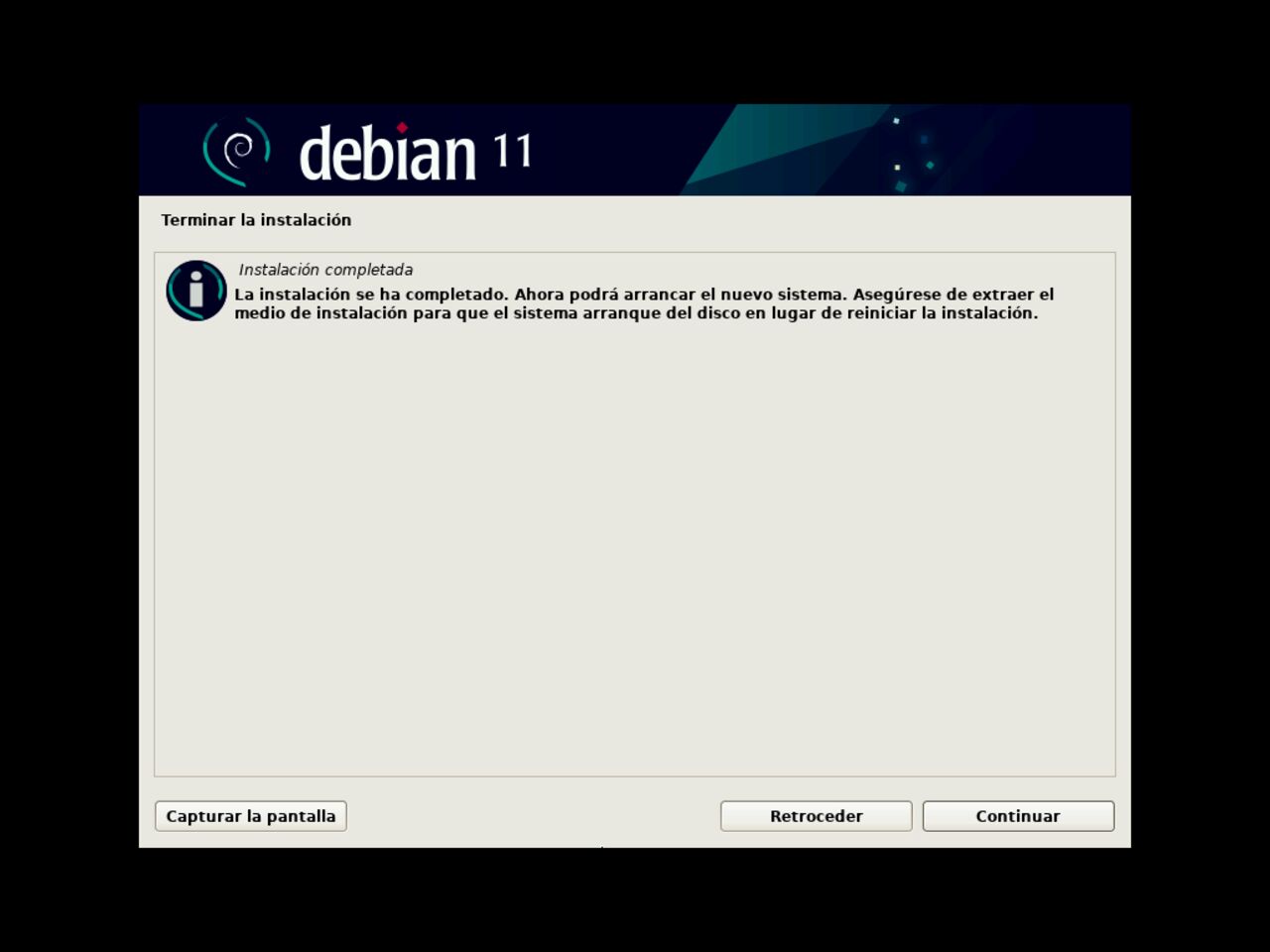 Mi primero laptop con Linux: reinicie el sistema para continuar con la instalación de Debian (shutdown / restart)