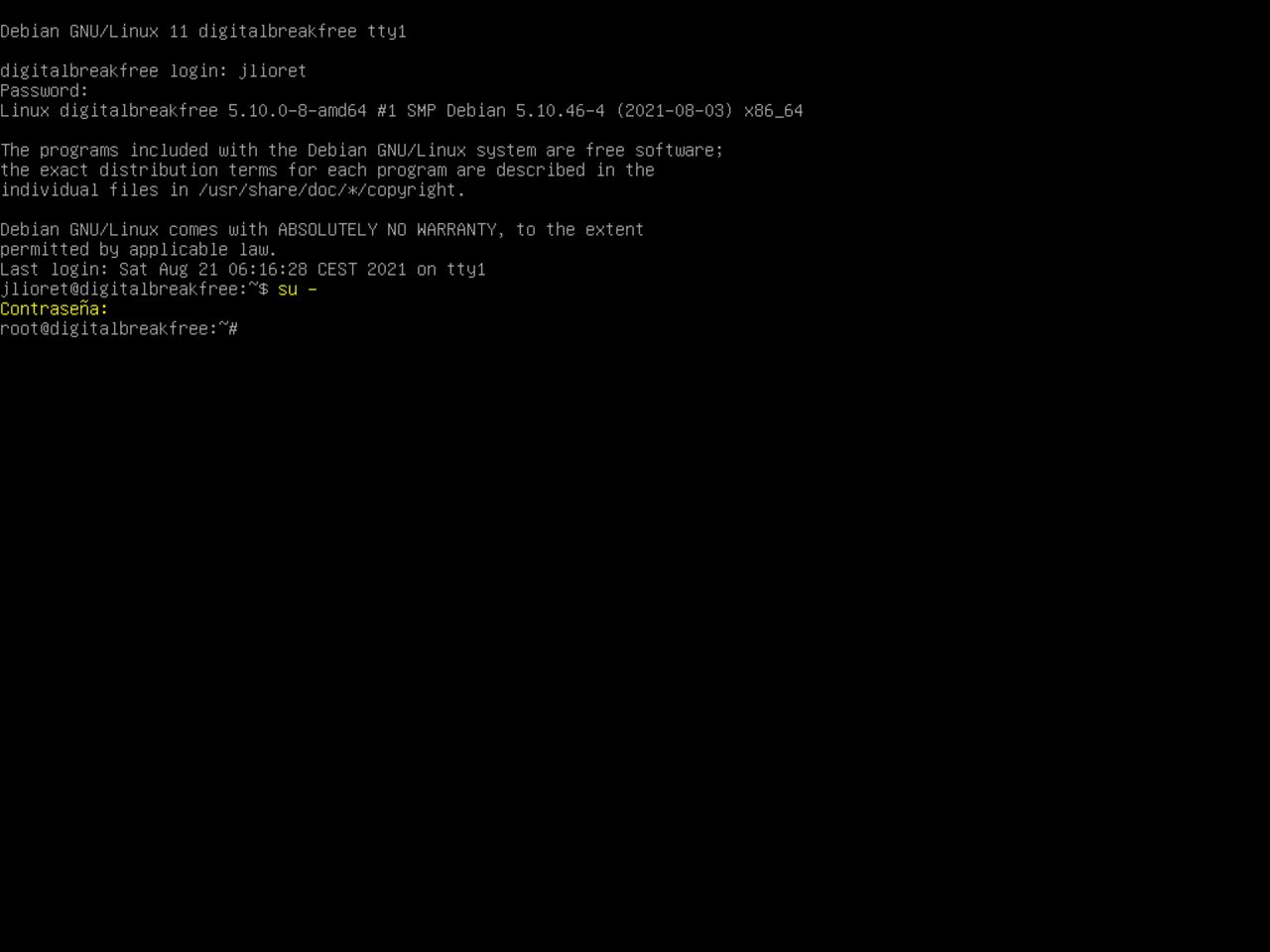 Mi primero laptop con Linux: sesión iniciada como root superusuario en la nueva instalación de Debian