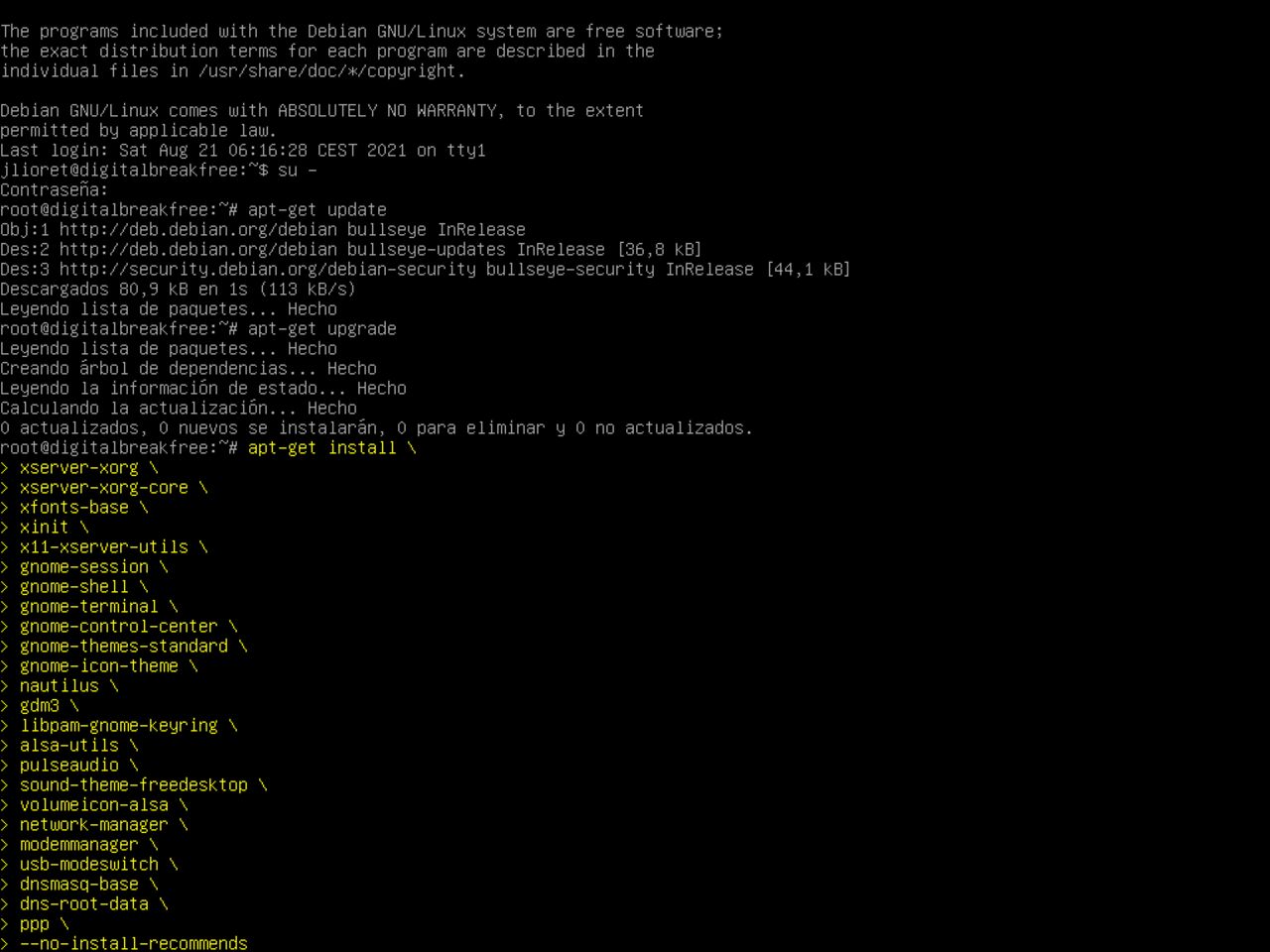 Mi primero laptop con Linux: instale el software requerido para una instalación mínima de Gnome encima de Debian