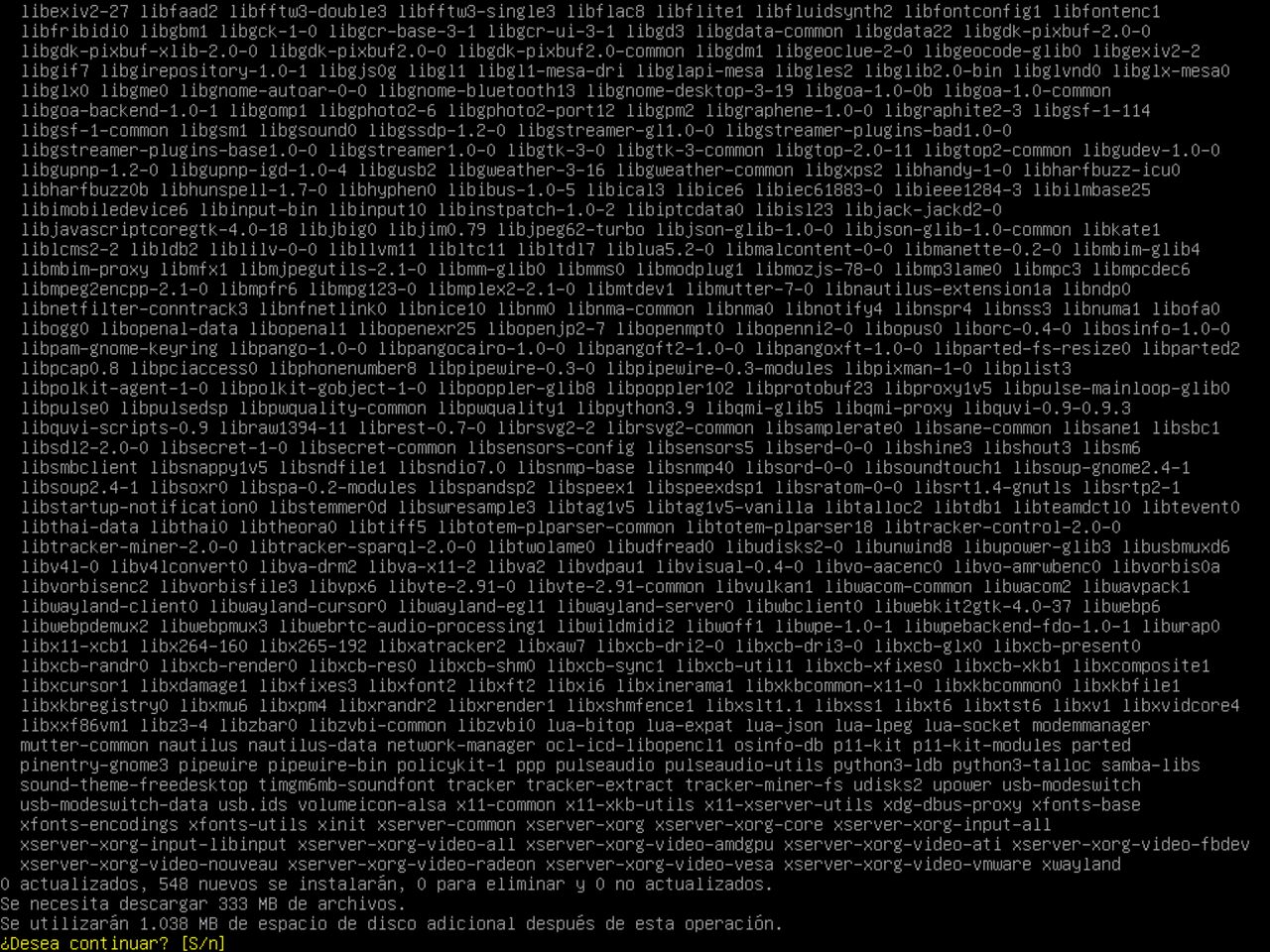 Mi primero laptop con Linux: confirme la lista de los paquetes seleccionados para instalar un entorno mínimo Gnome encima de Debian