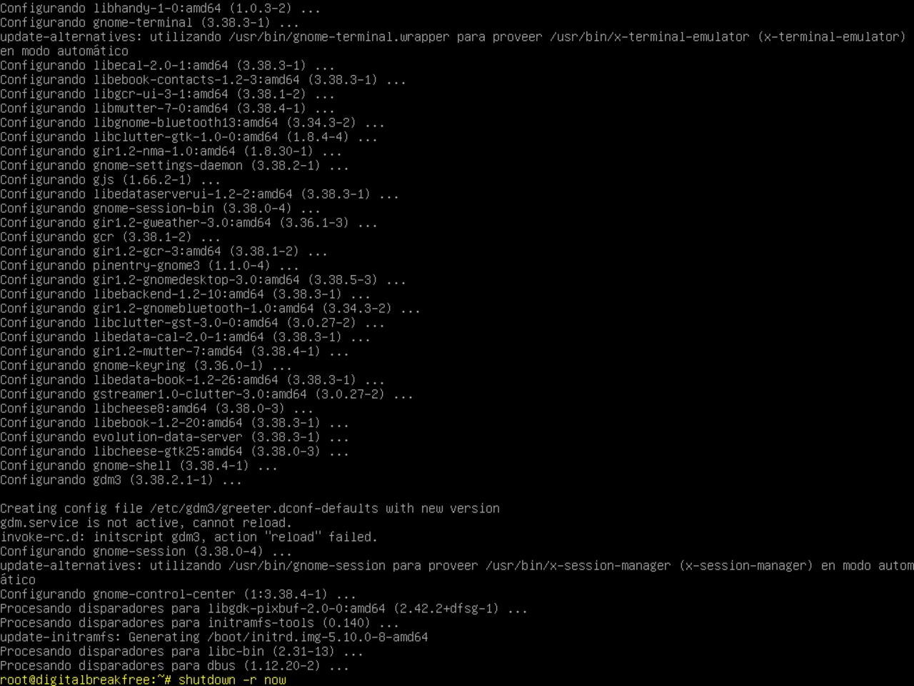 Mi primero laptop con Linux: reinicie el sistema después de instalar un entorno mínimo Gnome encima de Debian (shutdown / restart)