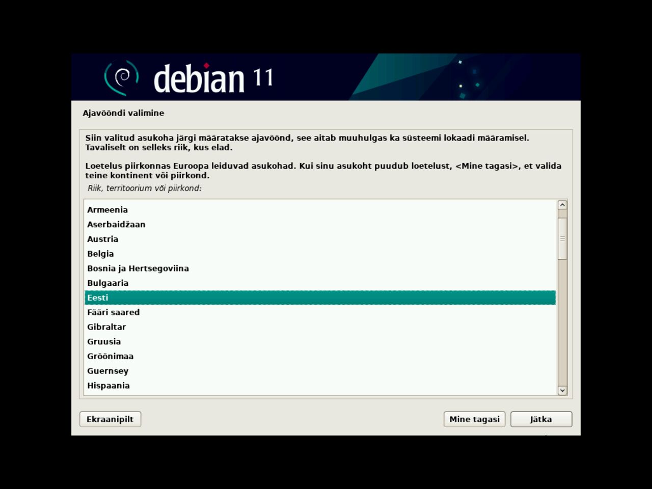 Minu esimene Linux sülearvuti - Valige Debiani installatsiooni geograafiline asukoht