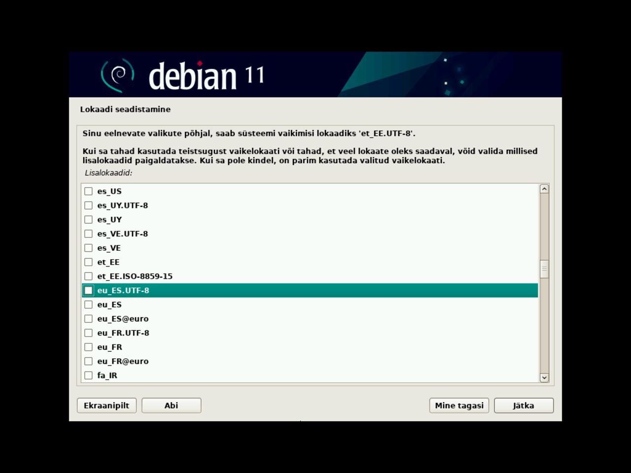 Minu esimene Linux sülearvuti - Vali locale parameetrid seaded Debian-i installimisel