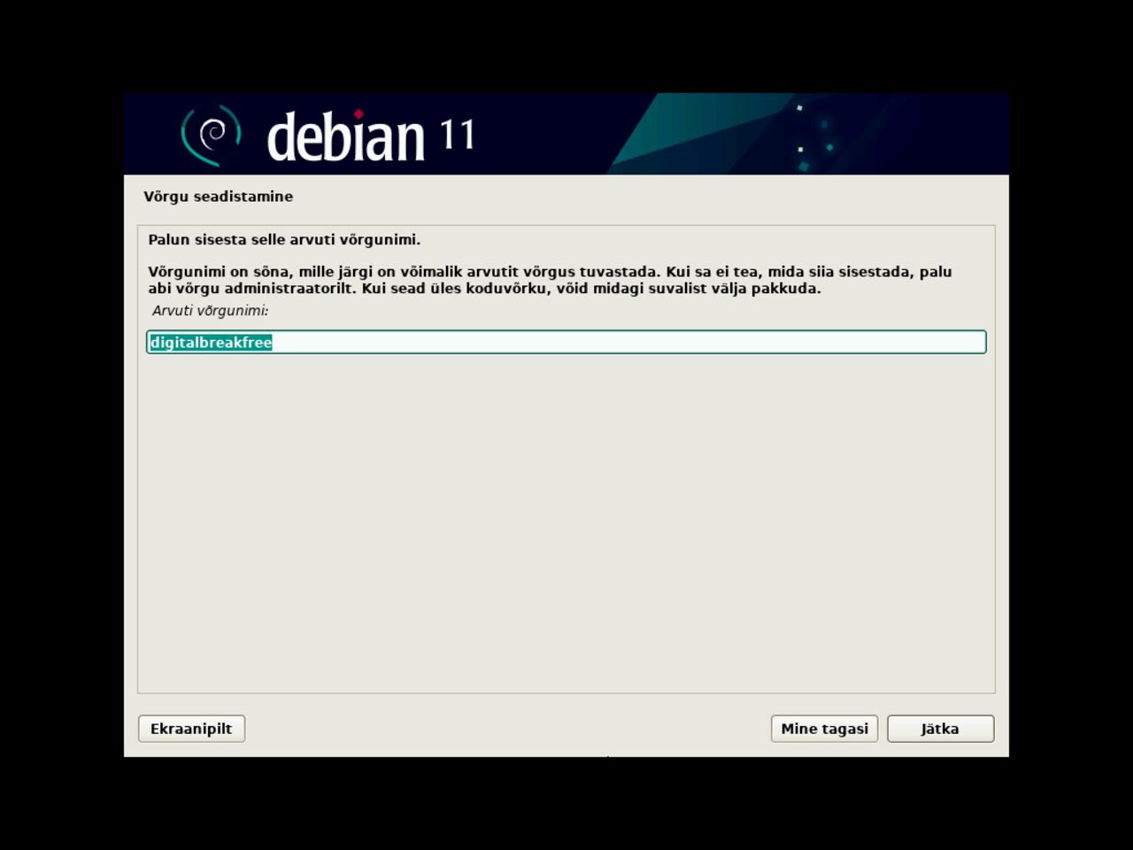 Minu esimene Linux sülearvuti - Vali võrgukonfiguratsiooni hostinimi Debiani installimise ajal