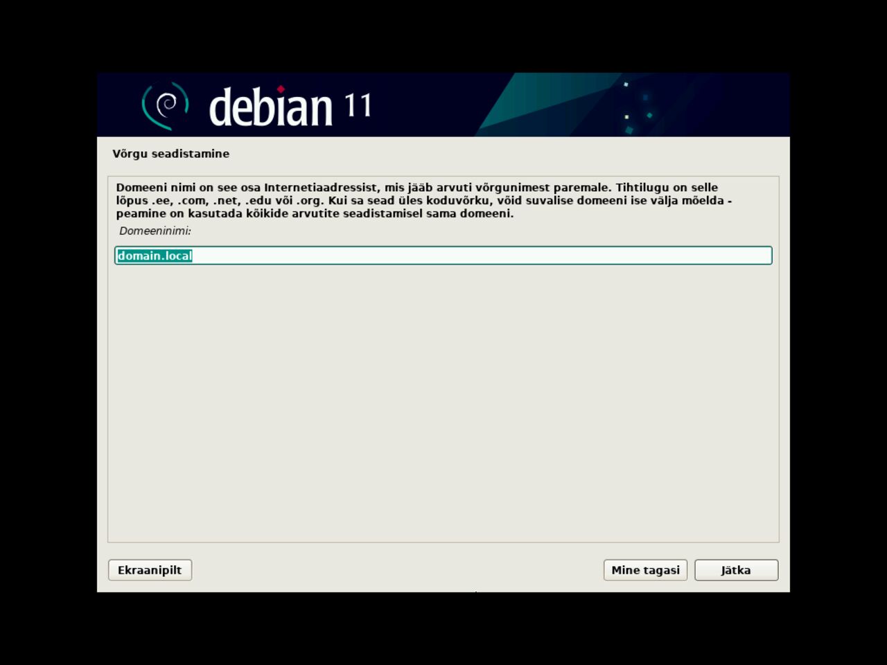 Minu esimene Linux sülearvuti - Valige domeeninimi võrguse konfiguratsioonile Debiani installi ajal