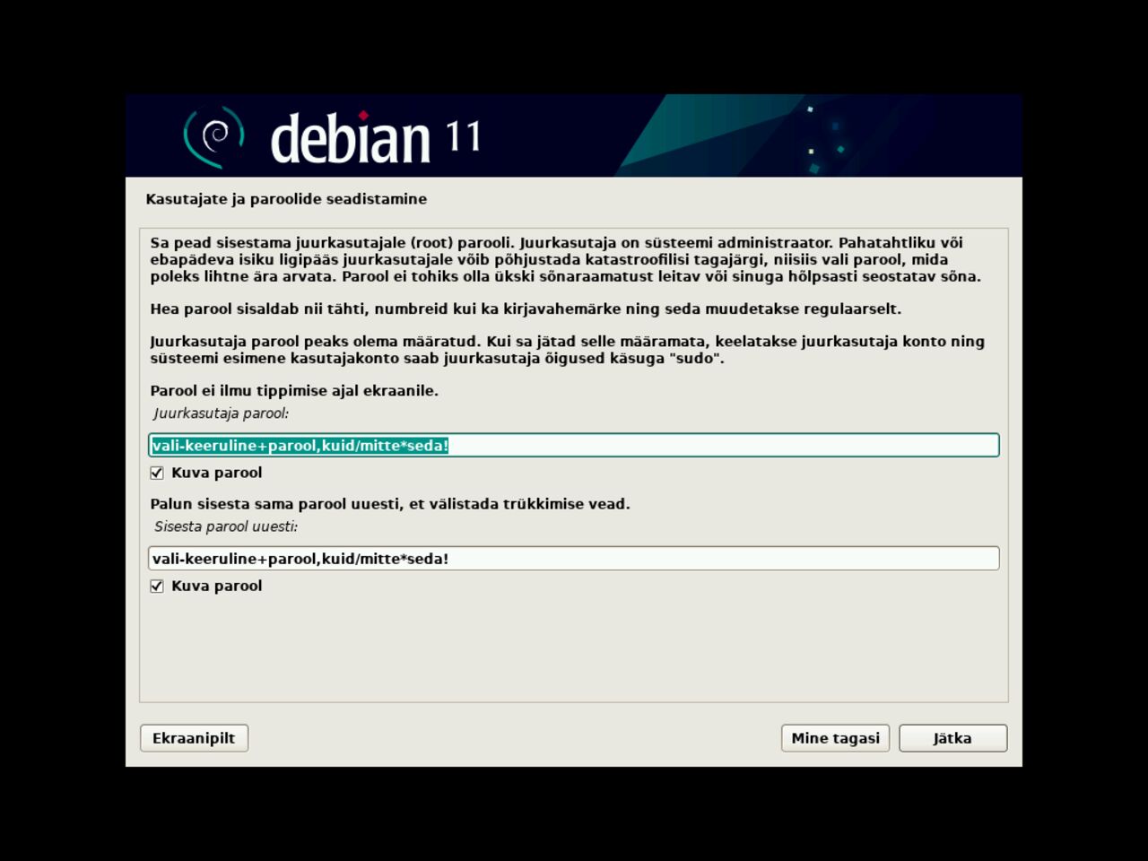 Minu esimene Linux sülearvuti - root kasutaja parool seada Debiani paigaldamisel