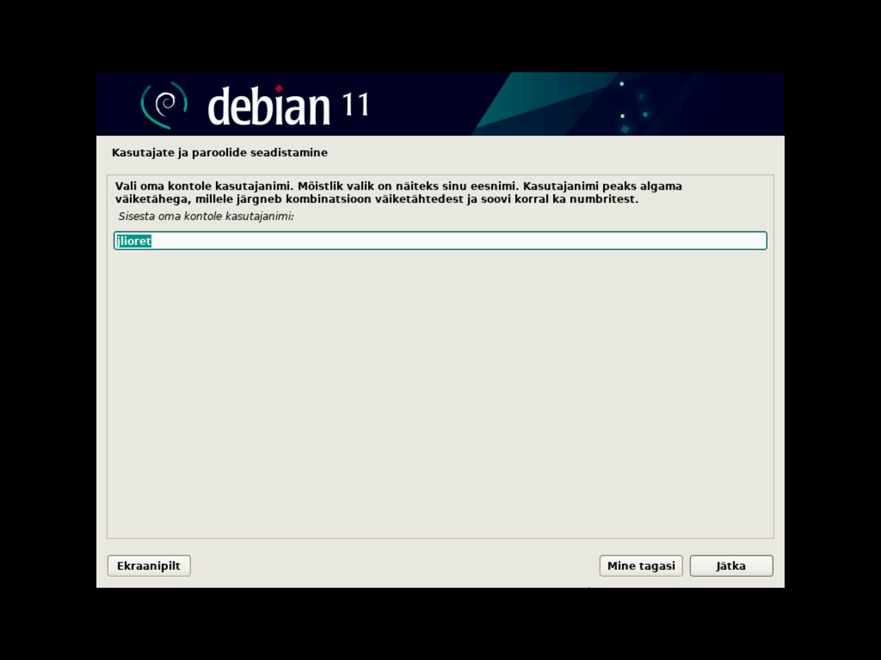 Minu esimene Linux sülearvuti - Määrake Debiani installimise esimene standardne kasutaja sisselogimine