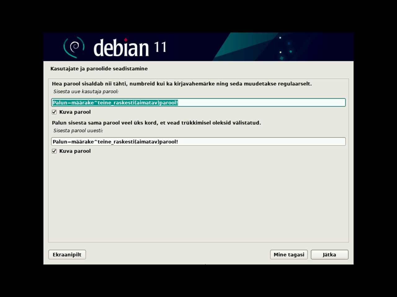 Minu esimene Linux sülearvuti - Esimese standardi kasutaja parooli seadistamine Debian-i paigaldamisel