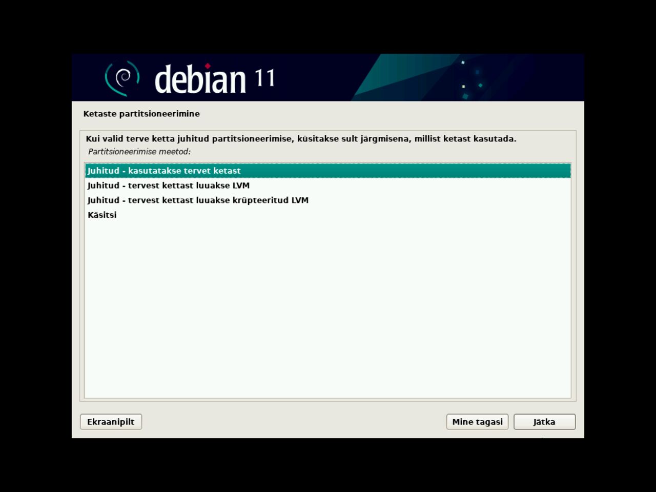 Minu esimene Linux sülearvuti - Valige Debian-i paigaldamiseks ketaspartitsioneerimismeetod
