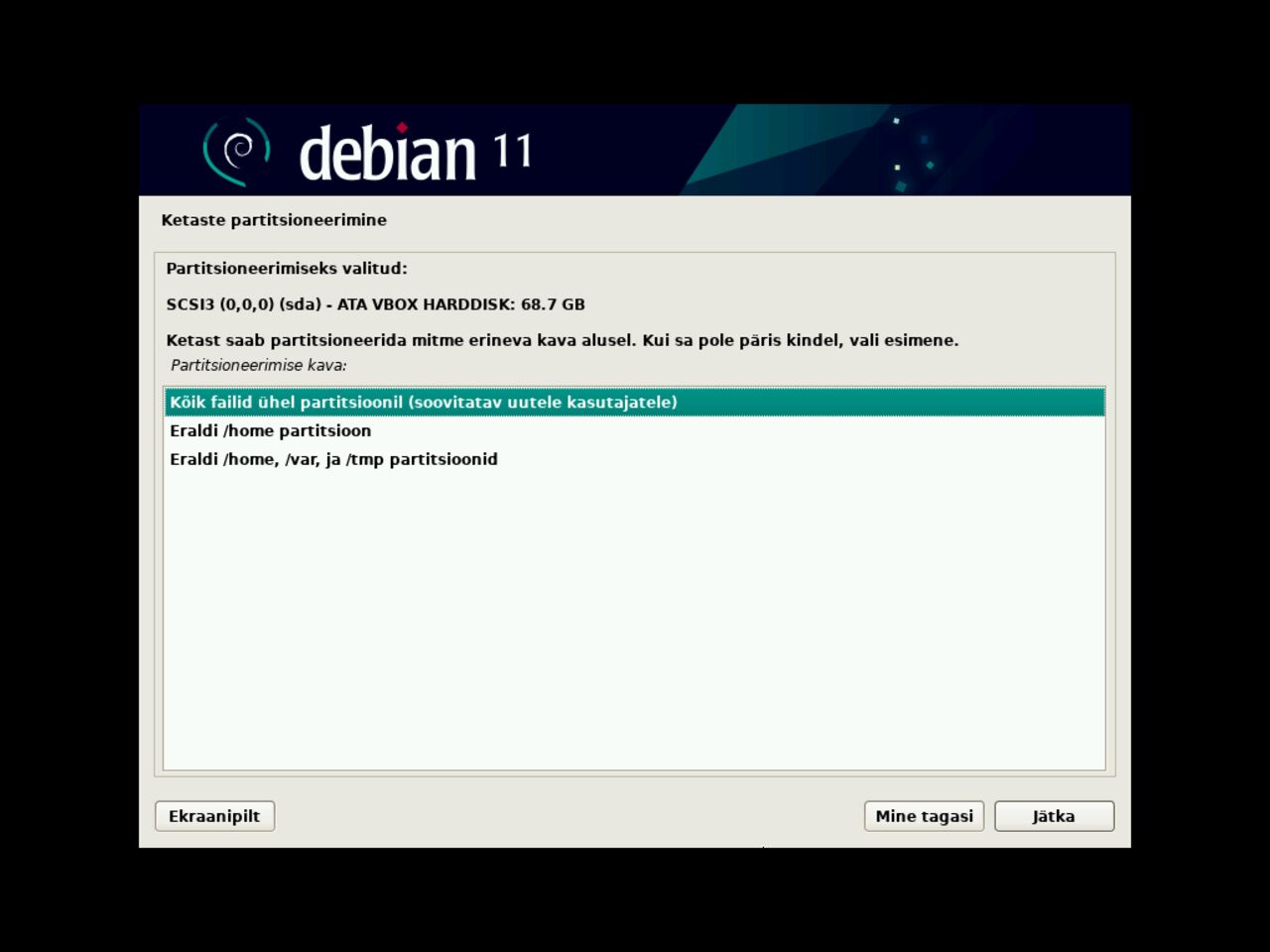Minu esimene Linux sülearvuti - Valige Debiani paigaldamise ketaspartitsioneerimisrežiim