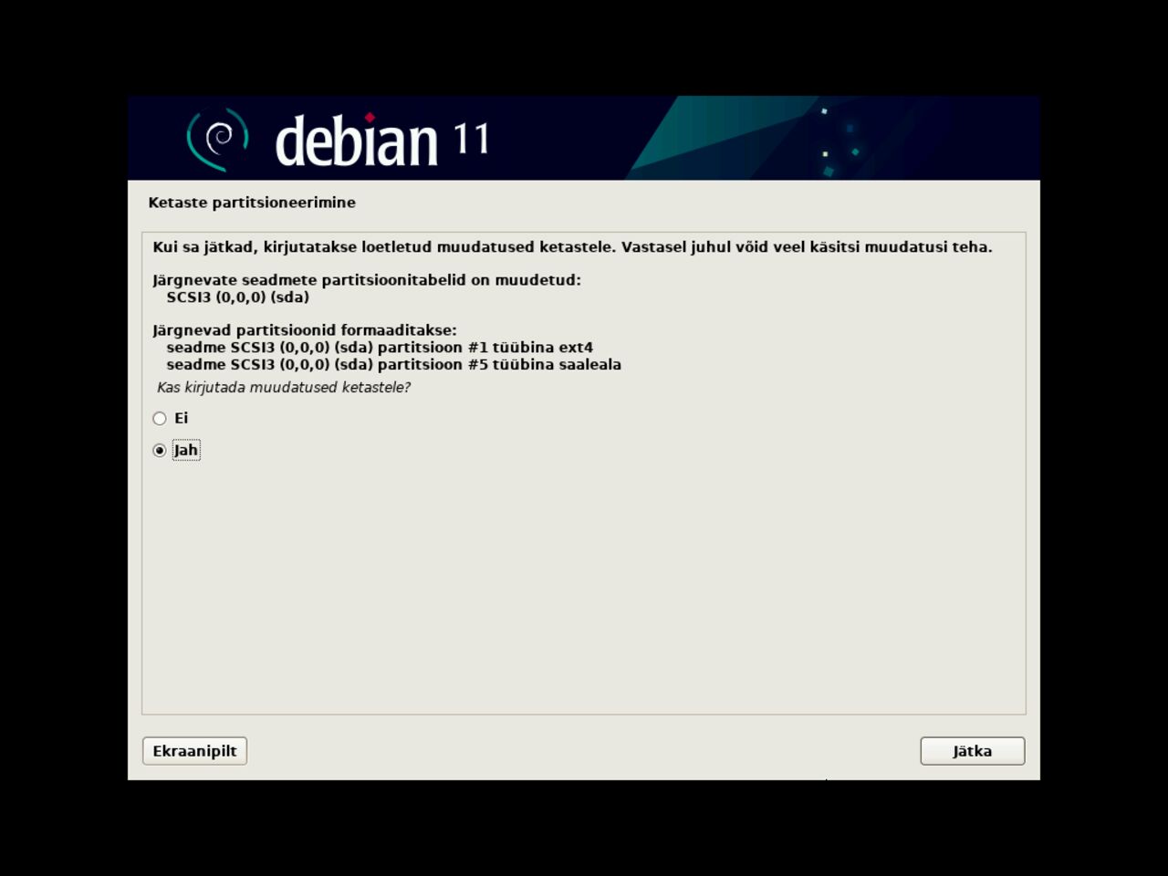 Minu esimene Linux sülearvuti - Kinnitage ketaste partitsioneerimise muudatuste kirjutamine Debian-i paigaldamise ajal