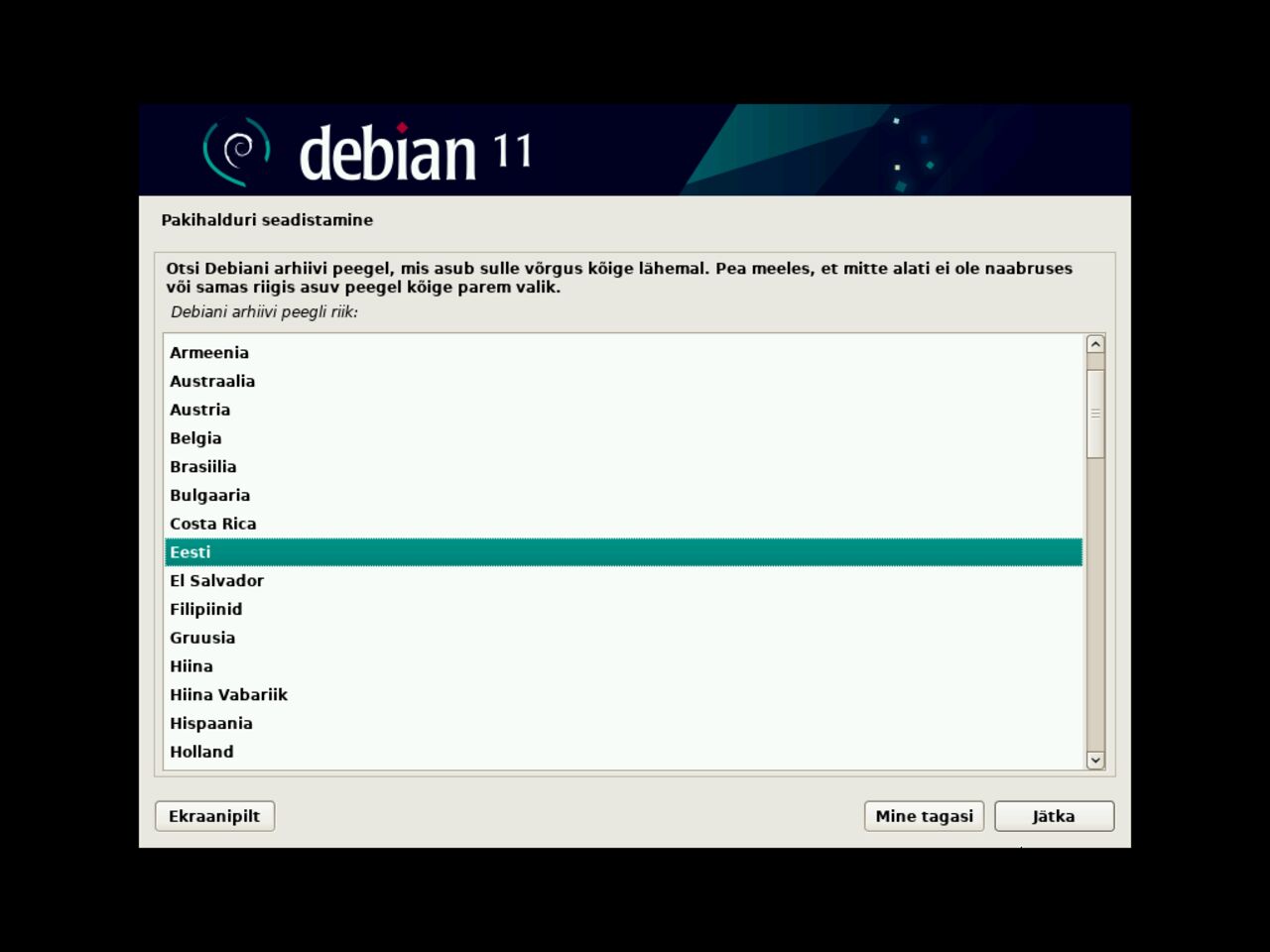 Minu esimene Linux sülearvuti - Valige Debian paketi haldurile võrgupeegel riik
