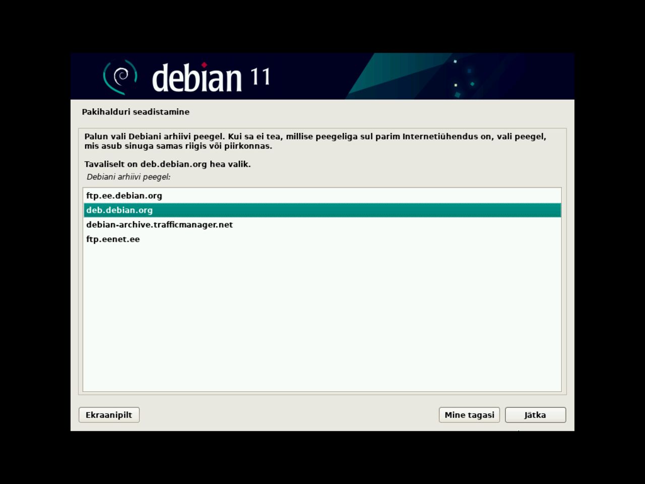 Minu esimene Linux sülearvuti - Valige Debiani paketi halduri peegel server