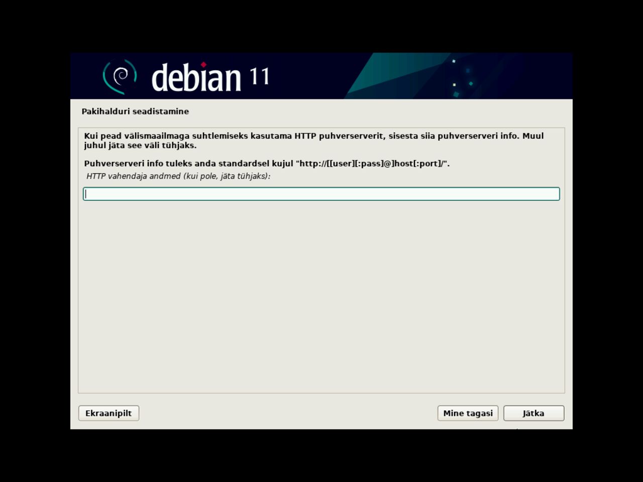 Määrake puhverserveri, et Debiani paketi halduri peegel serveri ligi pääsemaks