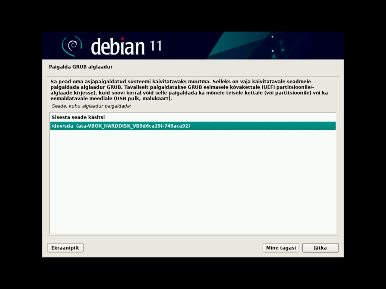Minu esimene Linux sülearvuti - Valige koht Debian GRUB GRand Unified Bootloader paigaldamiseks