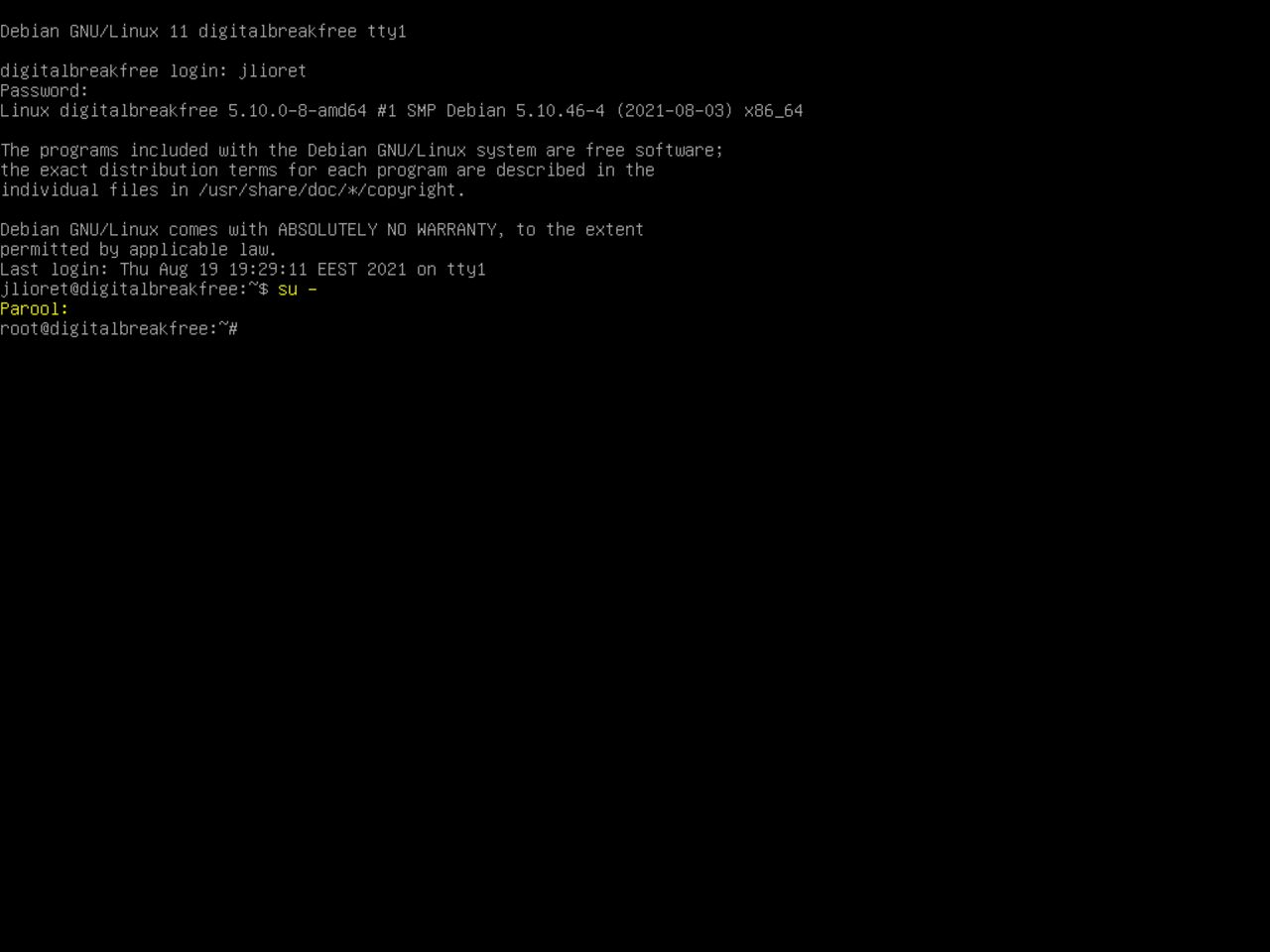 Minu esimene Linux sülearvuti - Sisse logitud root super kasutajana uues debiani installatsioonis