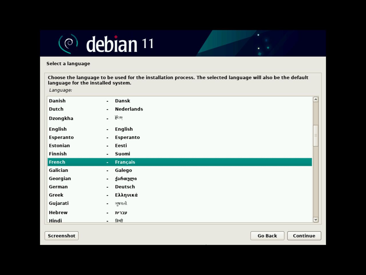 Mon premier ordinateur Linux - Sélectionnez la langue d'installation de Debian