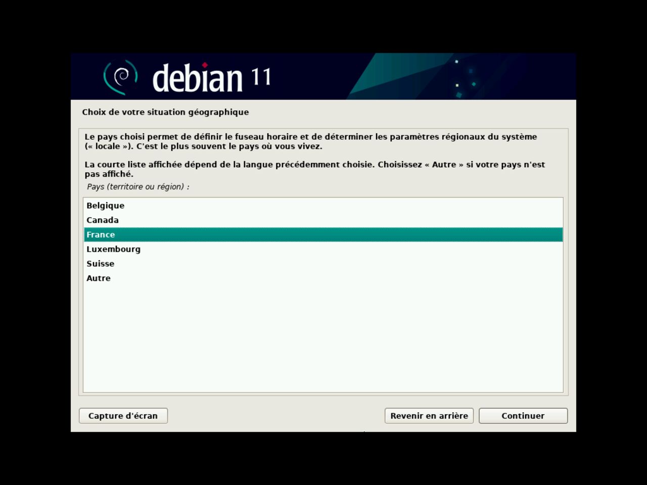Mon premier ordinateur Linux - Sélectionnez l'emplacement géographique pour l'installation de Debian
