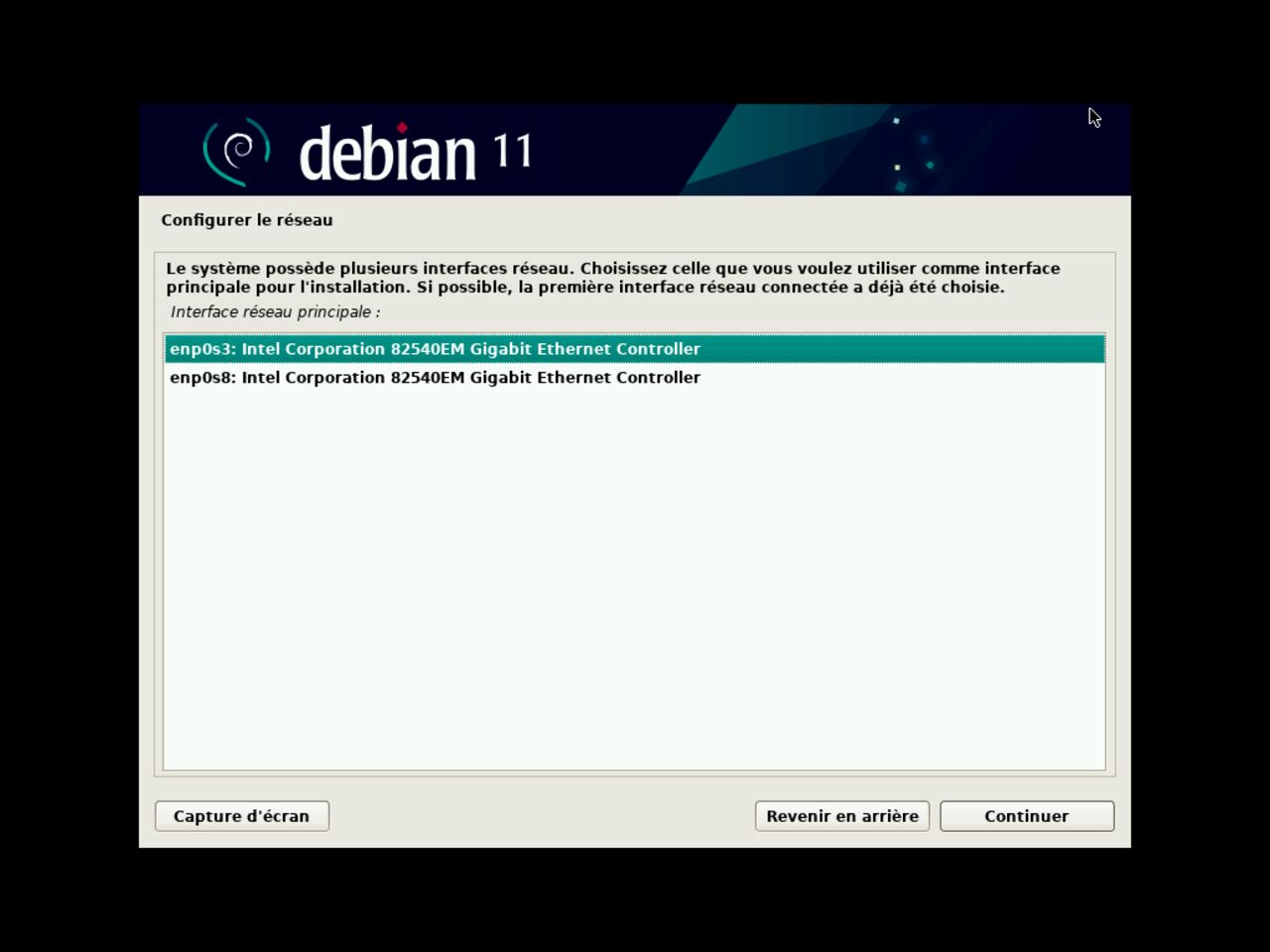 Mon premier ordinateur Linux - Sélectionnez l'interface principale pour la configuration du réseau lors de l'installation de Debian