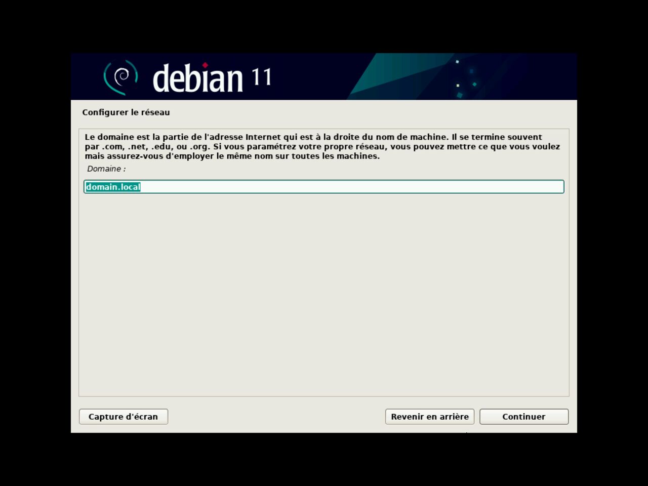 Mon premier ordinateur Linux - Choisissez le nom de domaine pour la configuration réseau pendant l'installation debian