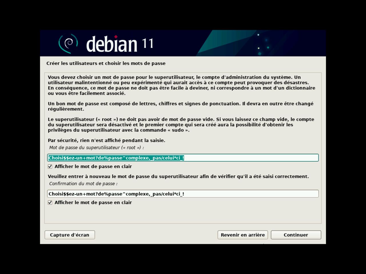 Mon premier ordinateur Linux - Configurez le mot de passe root pour l'installation de Debian