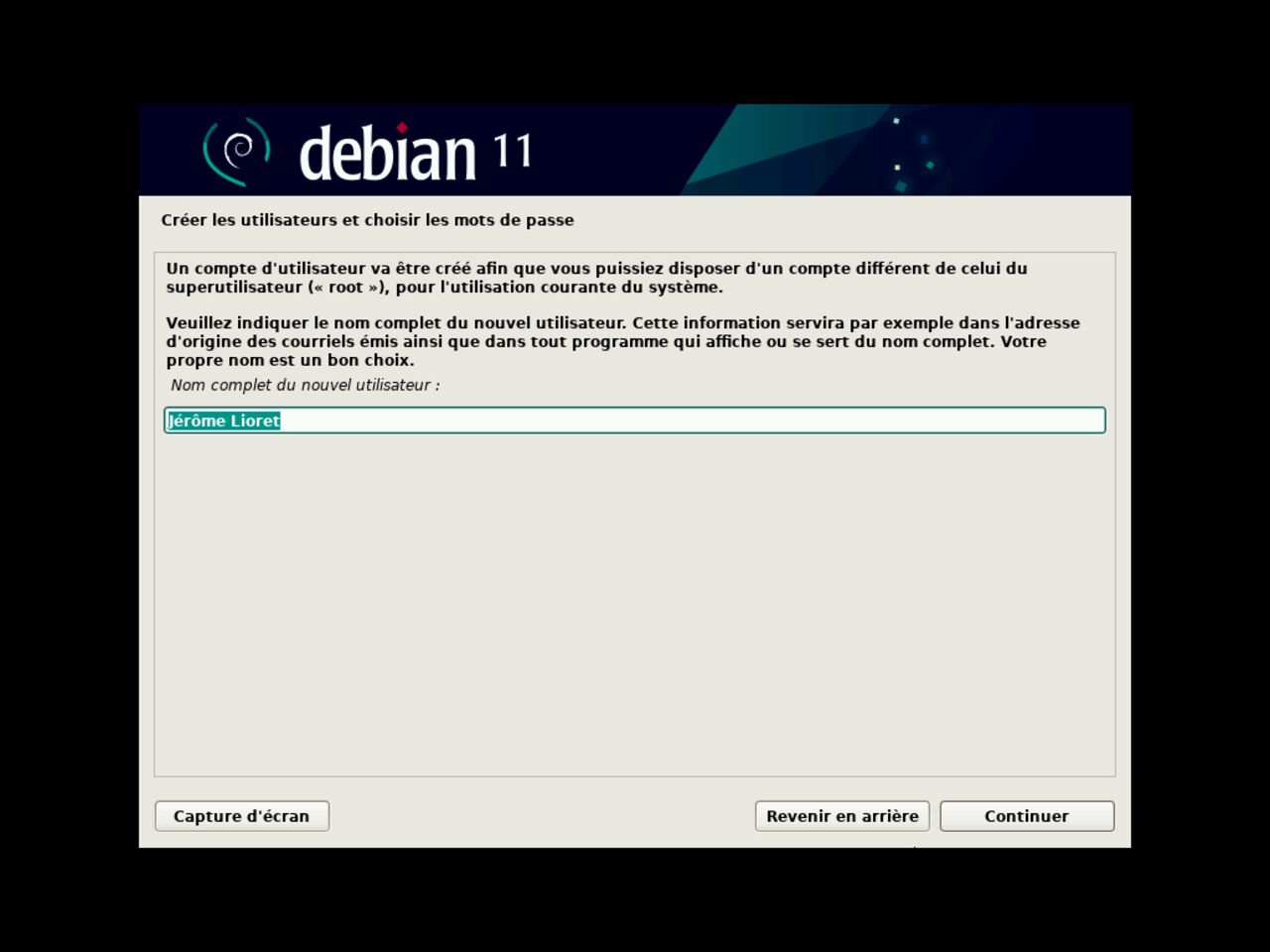 Mon premier ordinateur Linux - Entrez le nom complet du premier utilisateur standard pour l'installation de Debian et configurez le mot de passe