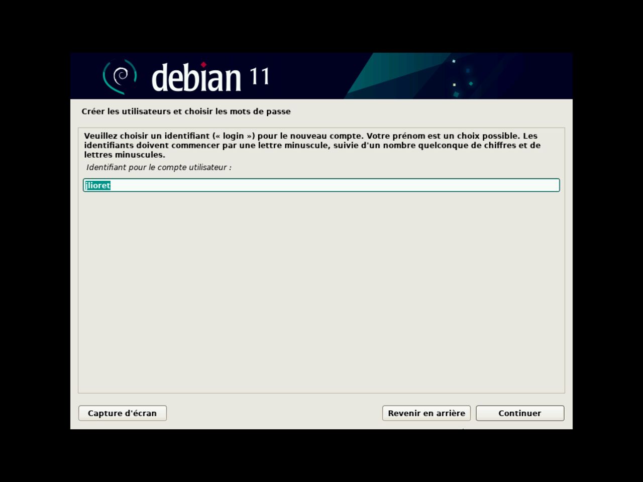 Mon premier ordinateur Linux - Définissez l'identifiant de connexion du premier utilisateur standard pour l'installation de Debian