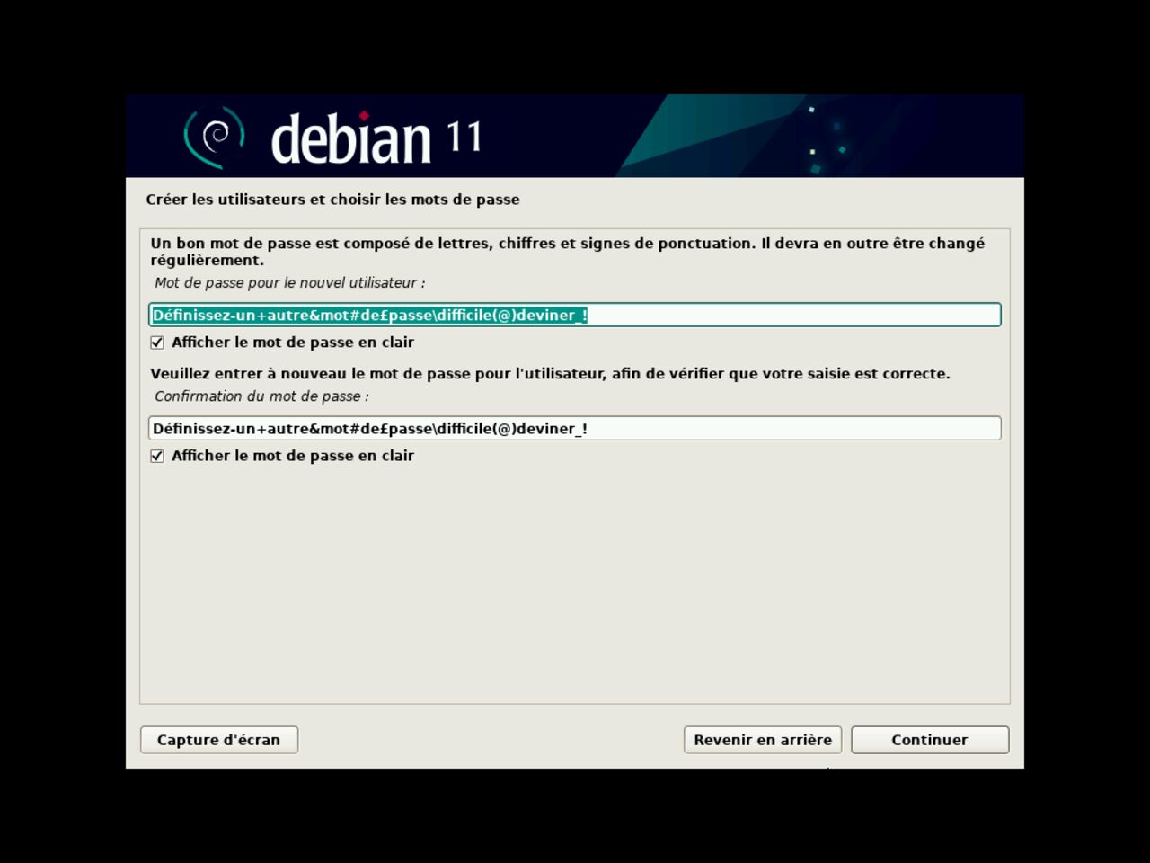 Mon premier ordinateur Linux - Configurez le premier mot de passe utilisateur standard pour l'installation de Debian