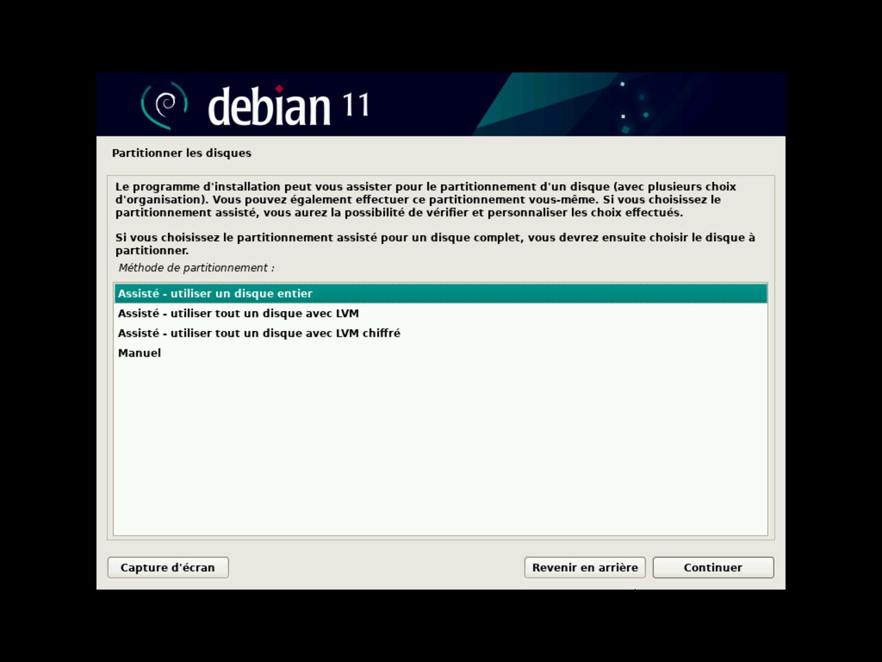 Mon premier ordinateur Linux - Choisissez la méthode de partitionnement du disque pour l'installation de Debian