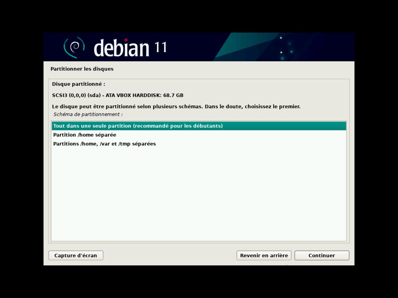 Mon premier ordinateur Linux - Choisissez le mode de partitionnement du disque pour l'installation de Debian