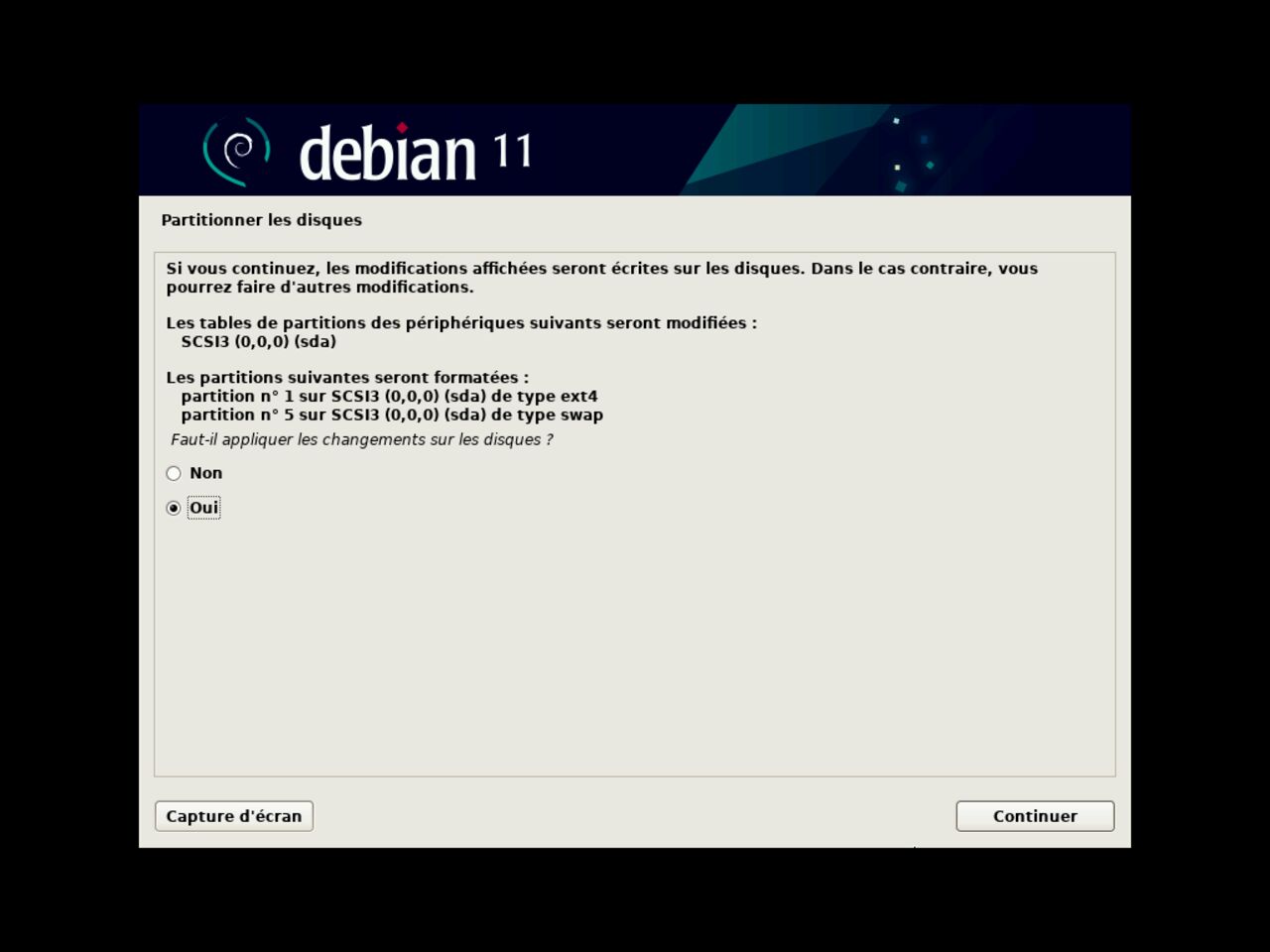 Mon premier ordinateur Linux - Confirmez l'écriture des modifications de partitionnement du disque pour l'installation de Debian