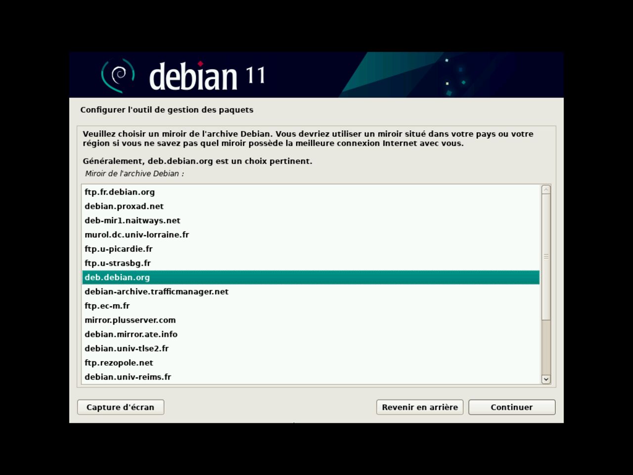 Mon premier ordinateur Linux - Choisissez le serveur miroir du gestionnaire de paquets Debian