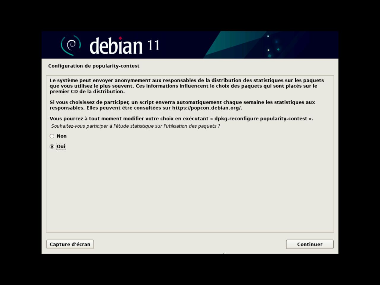 Mon premier ordinateur Linux - Choisissez lors de l'installation de participer à l'enquête PopCon d'utilisation des paquet Debian