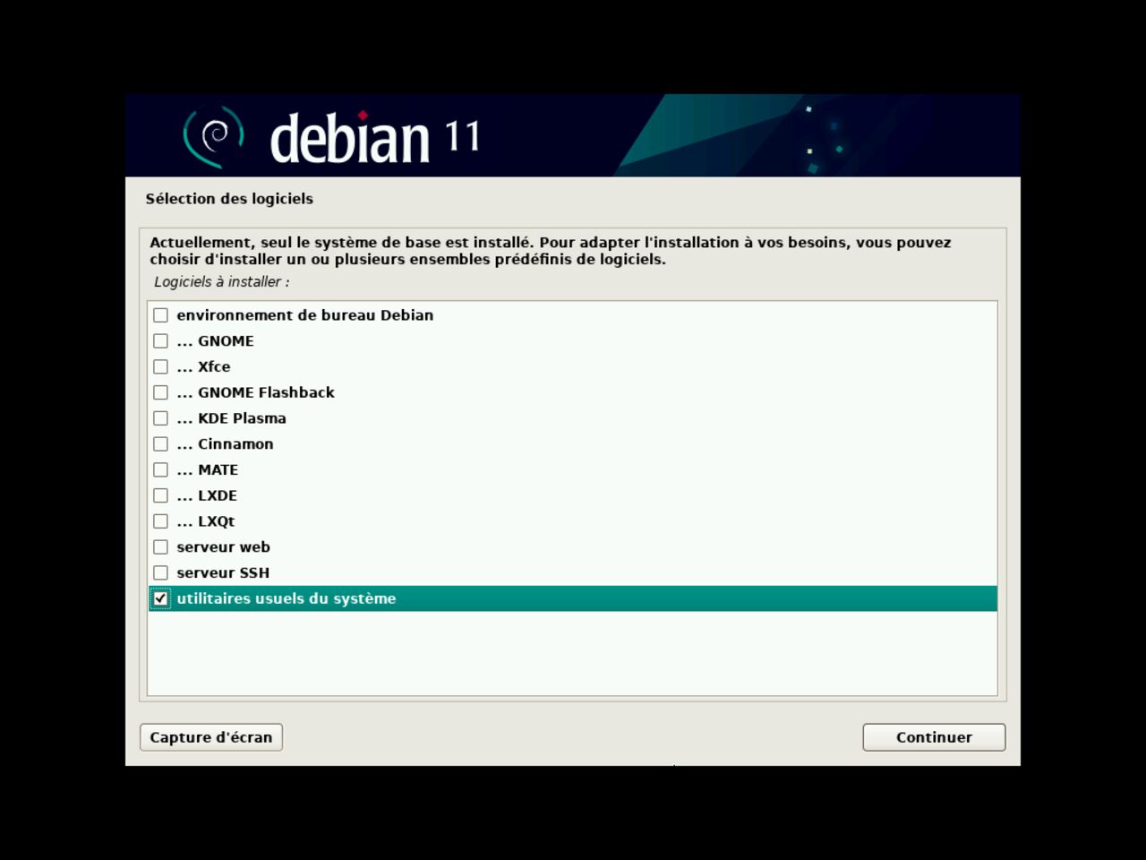 Mon premier ordinateur Linux - Sélectionnez les logiciels à installer lors de l'installation de Debian