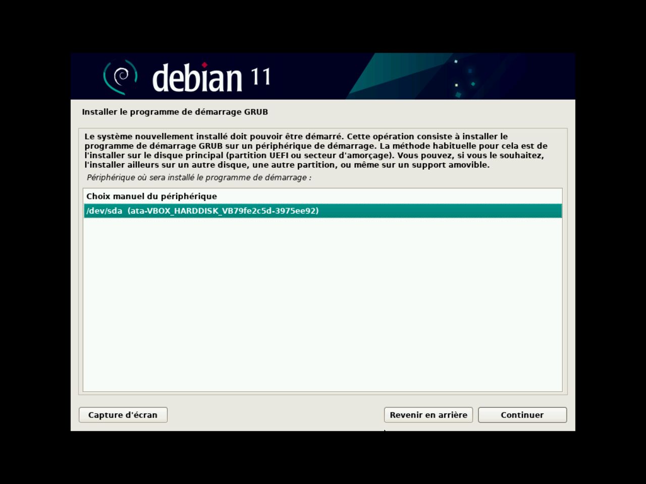 Mon premier ordinateur Linux - Sélectionnez l'emplacement pour l'installation de Debian GRUB GRand Unified Bootloader