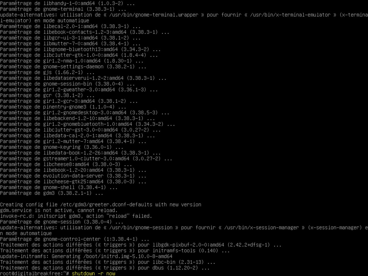 Mon premier ordinateur Linux - Re-initier le système après avoir installé un gnome minimal au-dessus de Debian (arrêt / redémarrage)