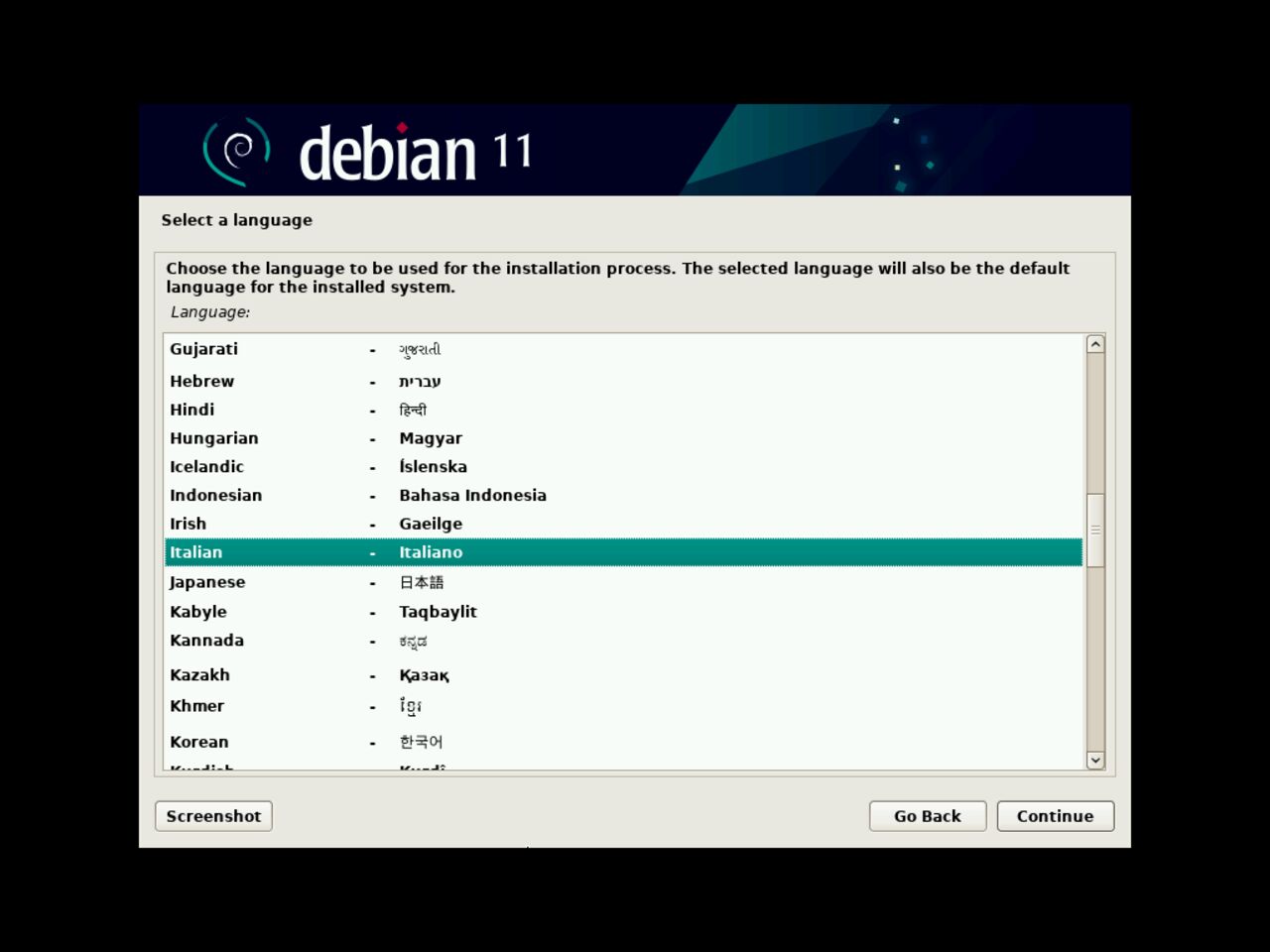 Il mio primo laptop Linux - Selezionare la lingua per l'installazione di Debian
