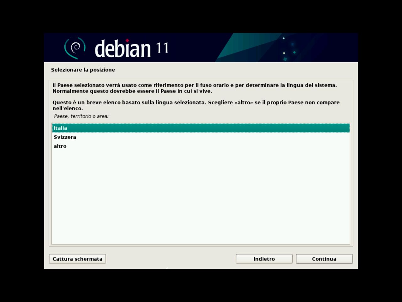 Il mio primo laptop Linux - Selezionare le impostazioni dei parametri Locale per l'installazione Debian