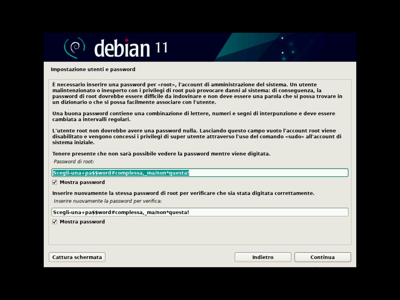 Il mio primo laptop Linux - Inserire il primo nome completo dell'utente standard per l'installazione di Debian e suo password