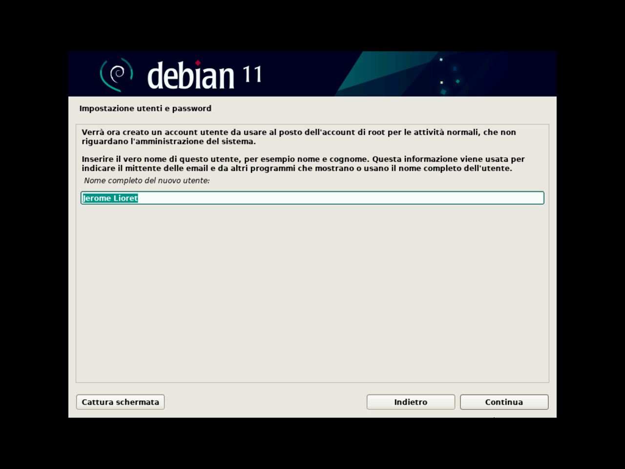 Il mio primo laptop Linux - Definire il login del primo utente standard per l'installazione di Debian