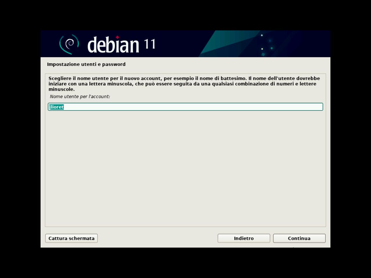Il mio primo laptop Linux - Impostare la prima password dell'utente standard per l'installazione Debian