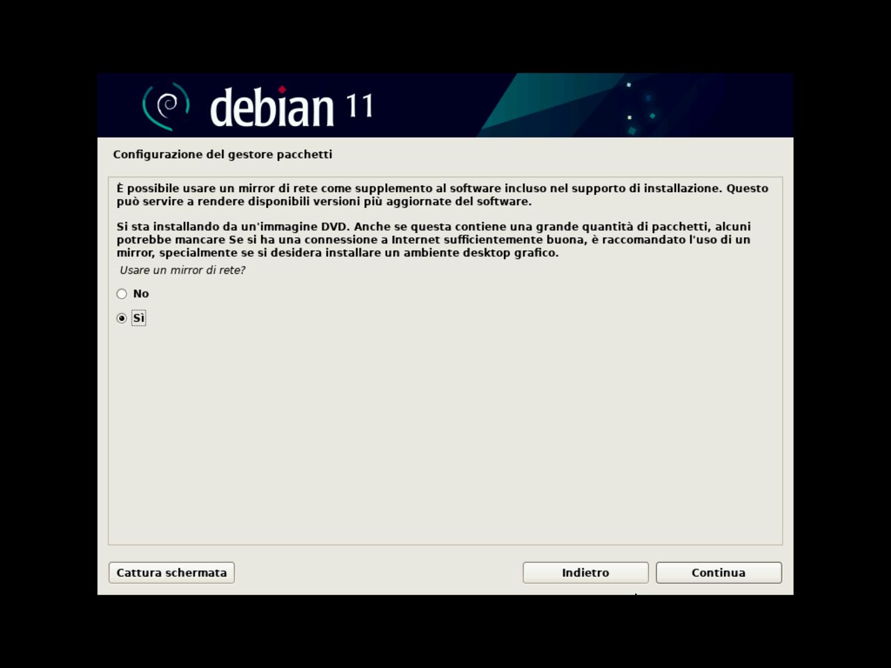 Il mio primo laptop Linux - Scegliere il paese per il mirror del gestore pacchetti Debian