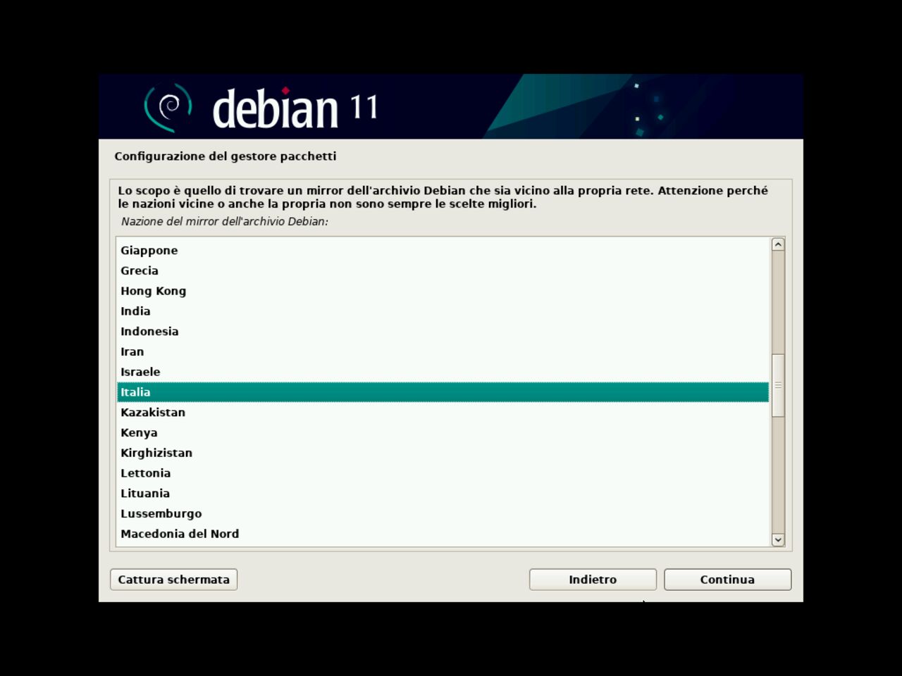 Il mio primo laptop Linux - Scegliere il server mirror dell' gestore pacchetti Debian