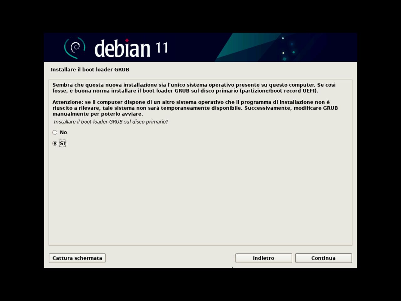 Il mio primo laptop Linux - Selezionare il debian pozizione di GRUB GRand Unified Bootloader durante l'installazione di Debian