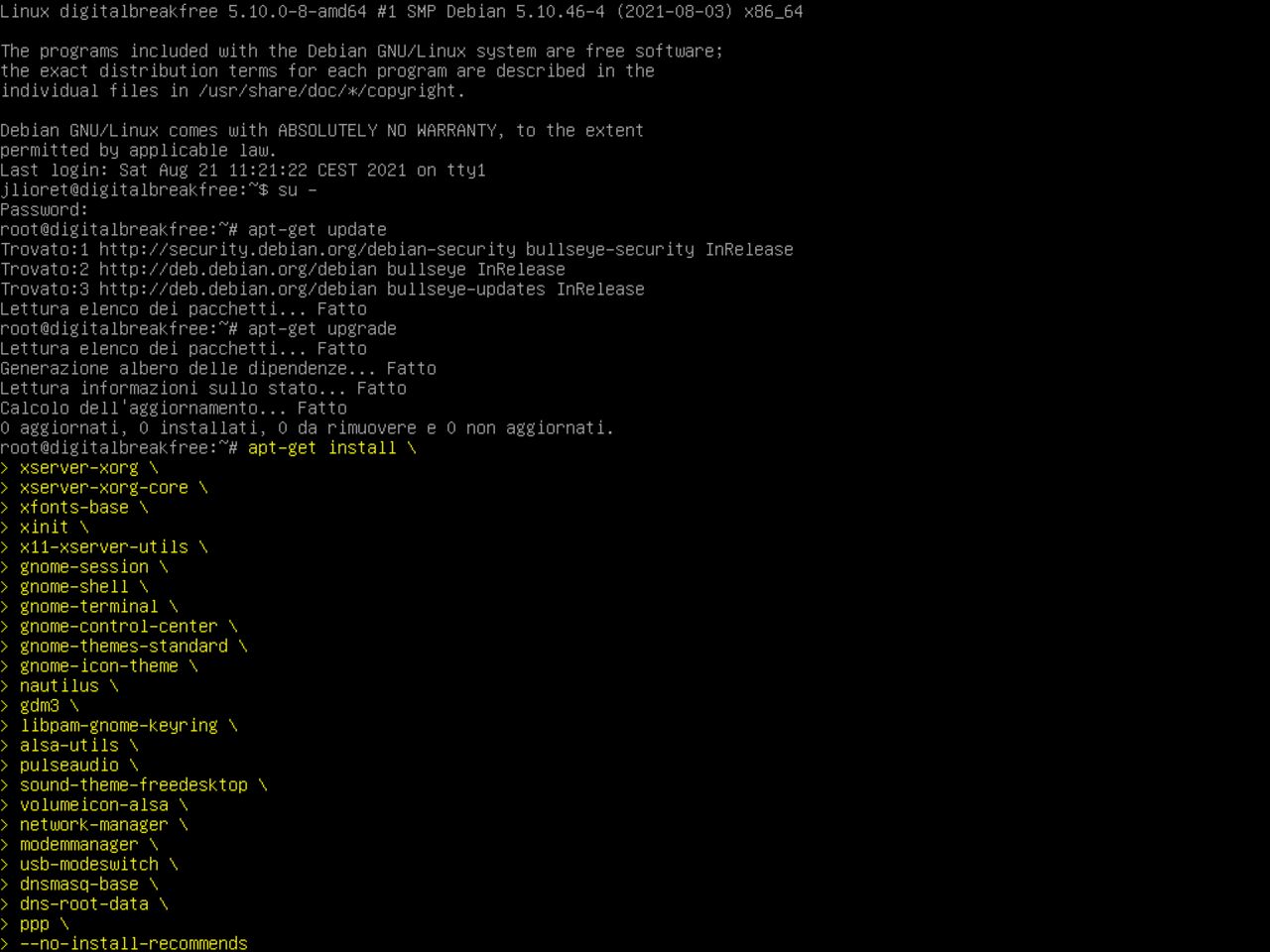 Il mio primo laptop Linux - Confermare l'elenco dei pacchetti selezionati per installare un Gnome minimo in cima a Debian