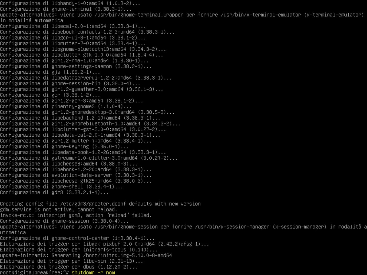 Il mio primo laptop Linux - Primo riavvio grafico del sistema con l'ambiente Gnome minimo installato in cima a Debian
