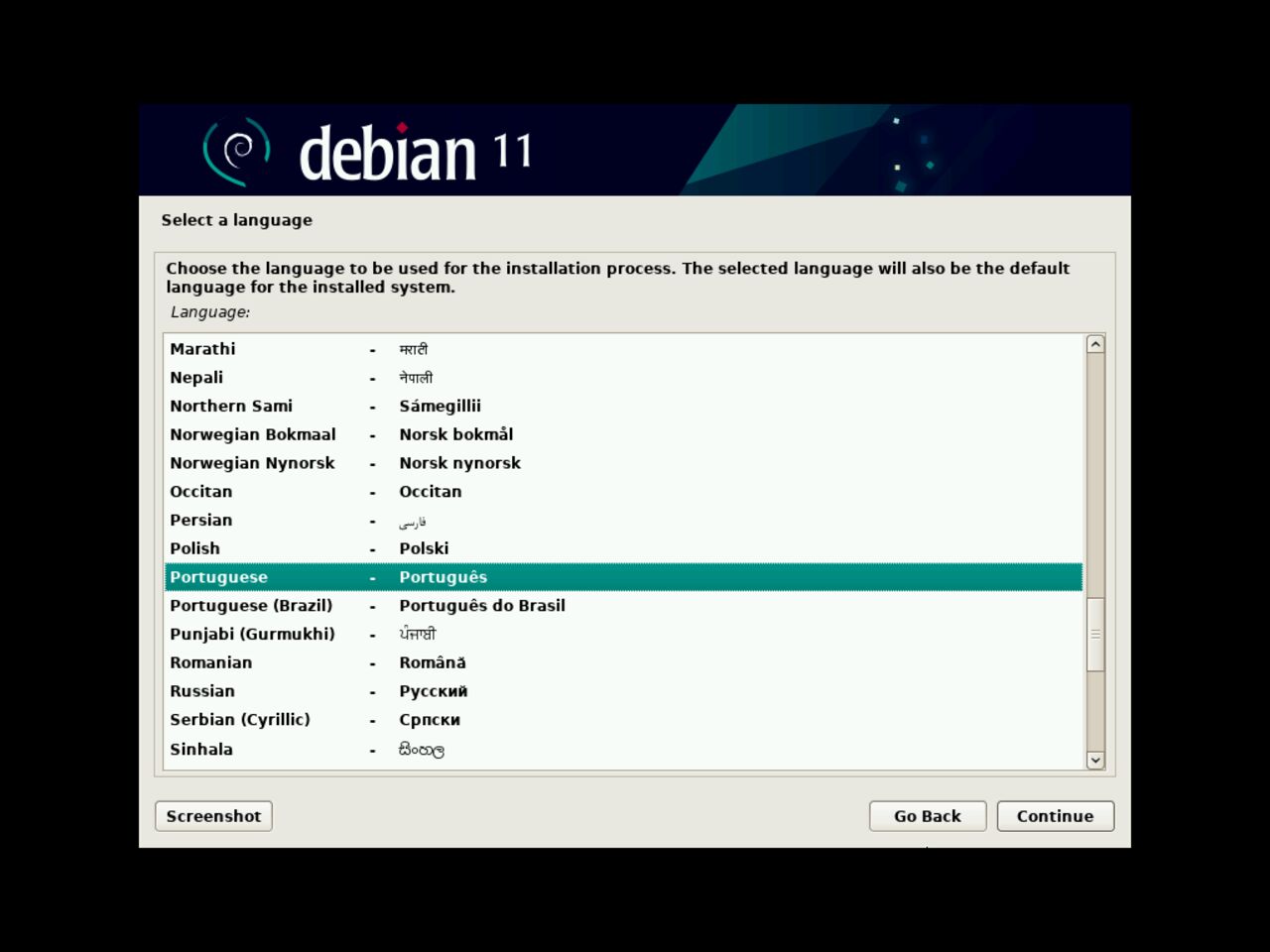 O meu primeiro laptop Linux - Selecione a lingua para a instalação do Debian