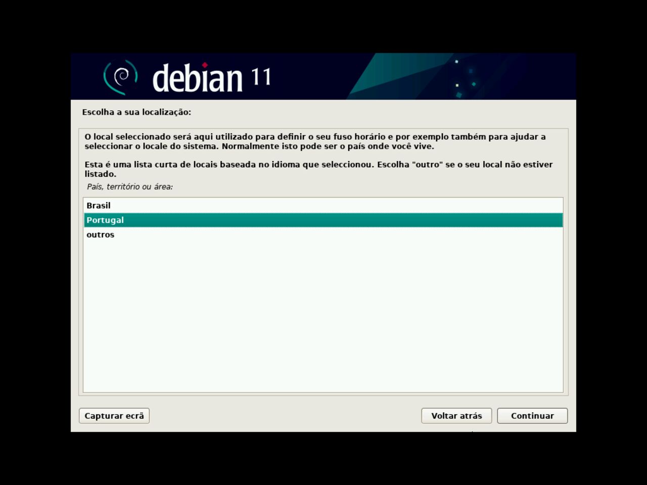 O meu primeiro laptop Linux - Selecione a localização geográfica para a instalação do Debian