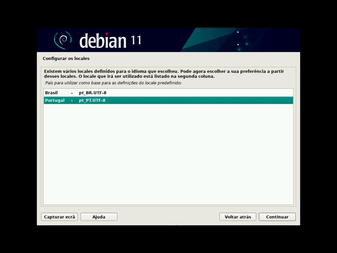 O meu primeiro laptop Linux - Selecione as configurações dos parâmetros da localidade para a instalação do Debian
