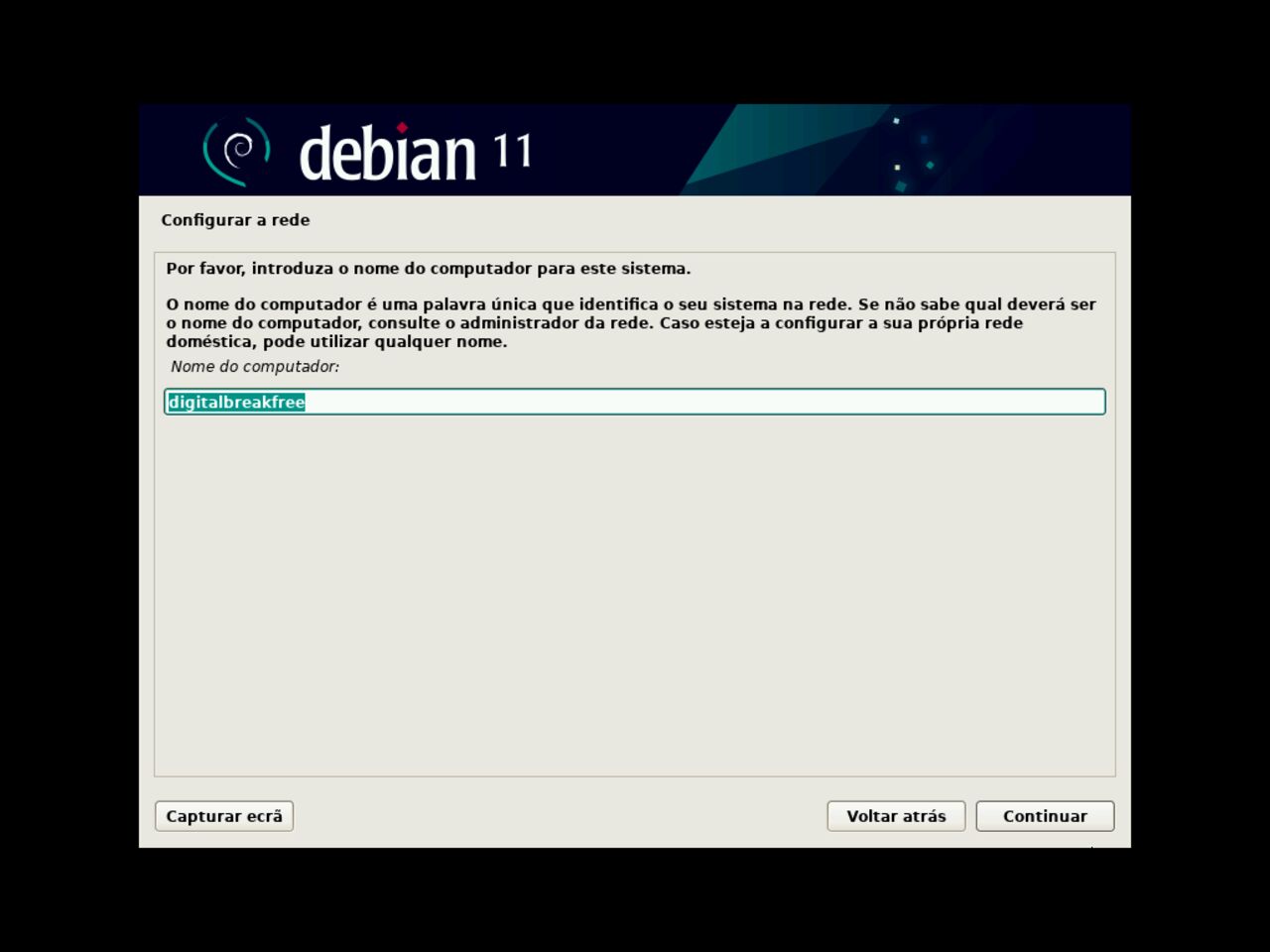 O meu primeiro laptop Linux - Escolhe o nome do host para a configuração de rede durante a instalação do Debian